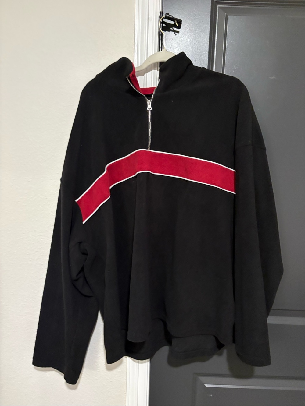 Women's Black Half-Zip Sweater with Red Stripe